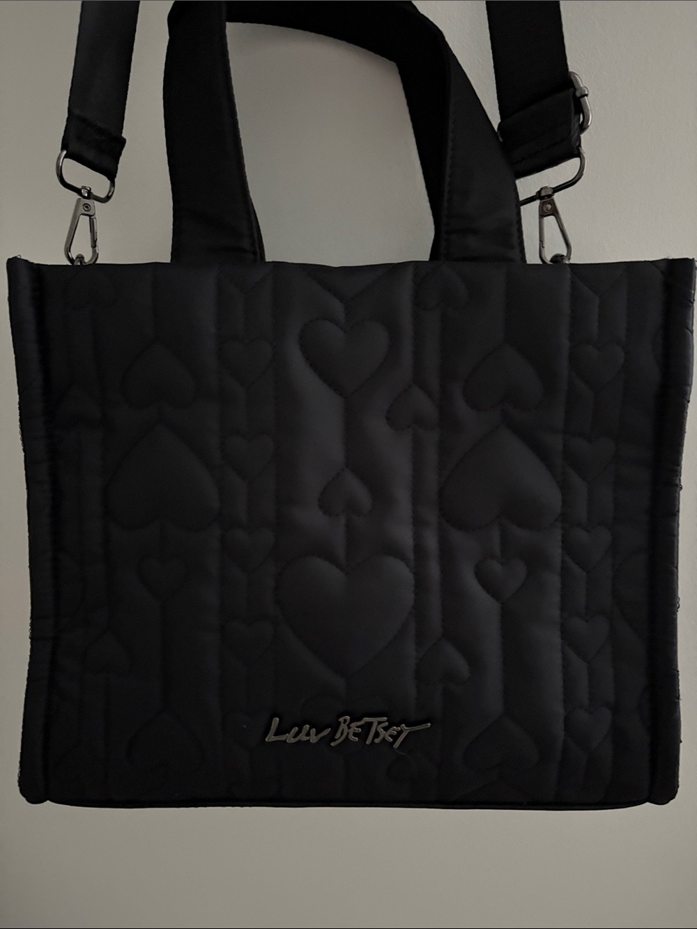 Betsey Johnson Black Quilted Heart Tote Bag